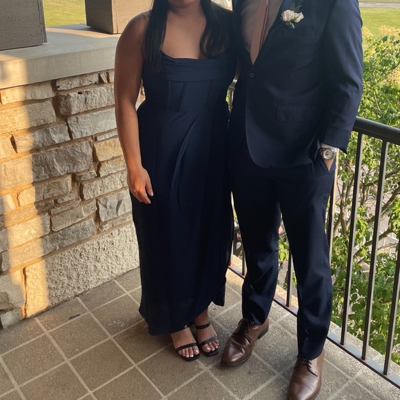 Showpo. ANDRINA MIDI DRESS - HIGH LOW WRAP CORSET DRESS IN NAVY - Picture 5 of 6